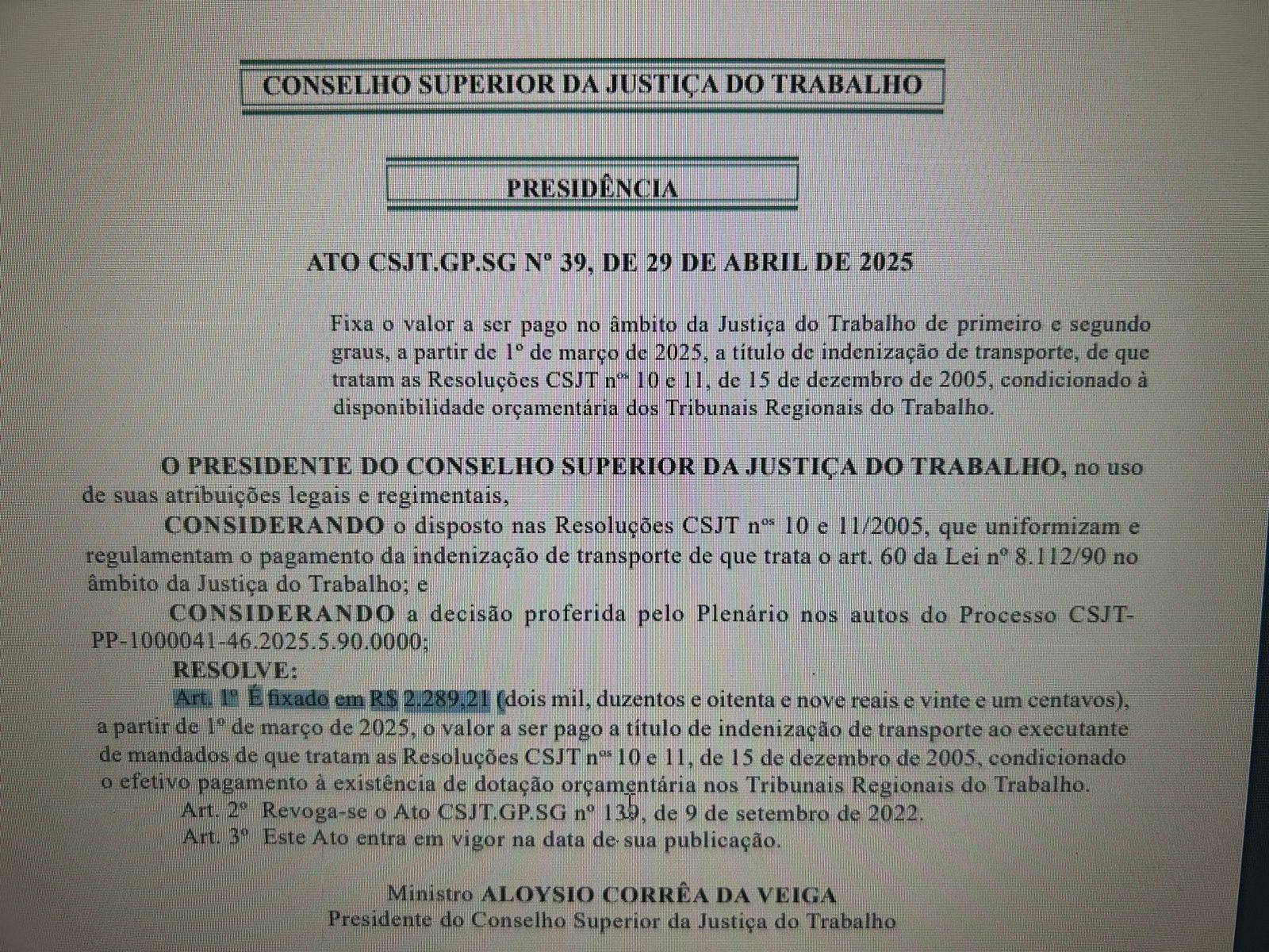 CSJT PUBLICA ATO QUE REAJUSTA O VALOR DA INDENIZAÇÃO DE TRANSPORTE DOS OFICIAIS DE JUSTIÇA