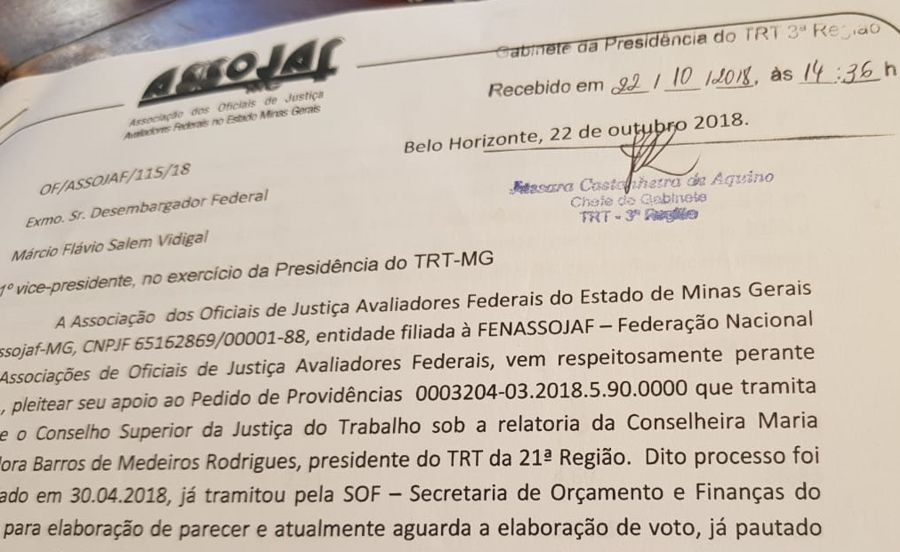 ASSOJAF/MG ENVIA OFÍCIO COM PEDIDO DE APOIO AO REAJUSTE DA IT PARA O PRESIDENTE EM EXERCÍCIO DO TRT-3