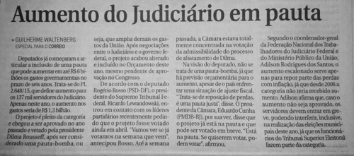 CORREIO BRAZILIENSE: AUMENTO DO JUDICIÁRIO ESTÁ NA PAUTA