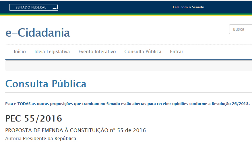 SENADO ABRE CONSULTA PÚBLICA SOBRE A PEC QUE CONGELA OS GASTOS PÚBLICOS