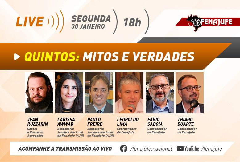 FENAJUFE PROMOVE LIVE NESTA SEGUNDA-FEIRA PARA TIRAR DÚVIDAS SOBRE OS QUINTOS