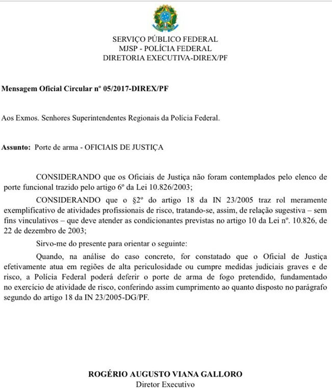 PF RECOMENDA PORTE DE ARMA PARA OFICIAIS DE JUSTIÇA QUE ATUAM EM ÁREAS PERIGOSAS OU NO CUMPRIMENTO DE MANDADOS DE RISCO