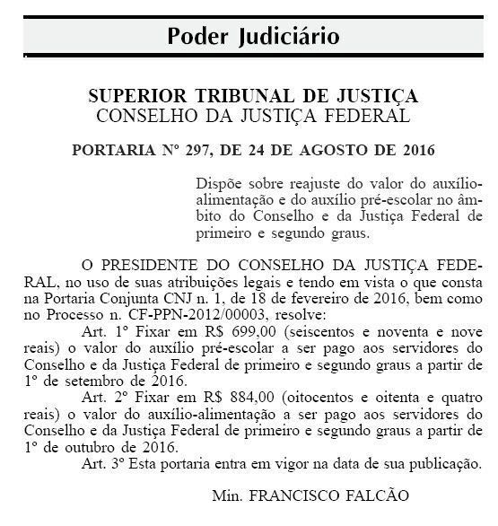 PORTARIA REAJUSTA AUXÍLIOS ALIMENTAÇÃO E PRÉ-ESCOLAR DOS SERVIDORES DA JUSTIÇA FEDERAL