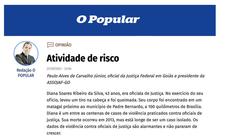 PRESIDENTE DA ASSOJAF/GO PUBLICA ARTIGO SOBRE A ATIVIDADE DE RISCO DOS OFICIAIS DE JUSTIÇA