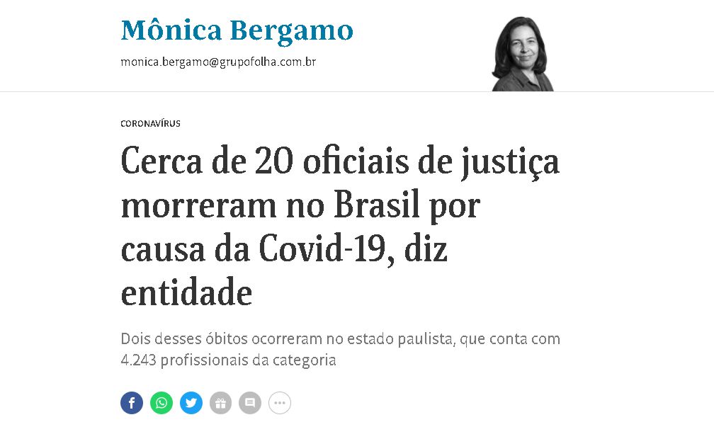 NÚMERO DE MORTES PELA COVID ENTRE OFICIAIS DE JUSTIÇA É TEMA DE COLUNA DO JORNAL FOLHA DE S. PAULO