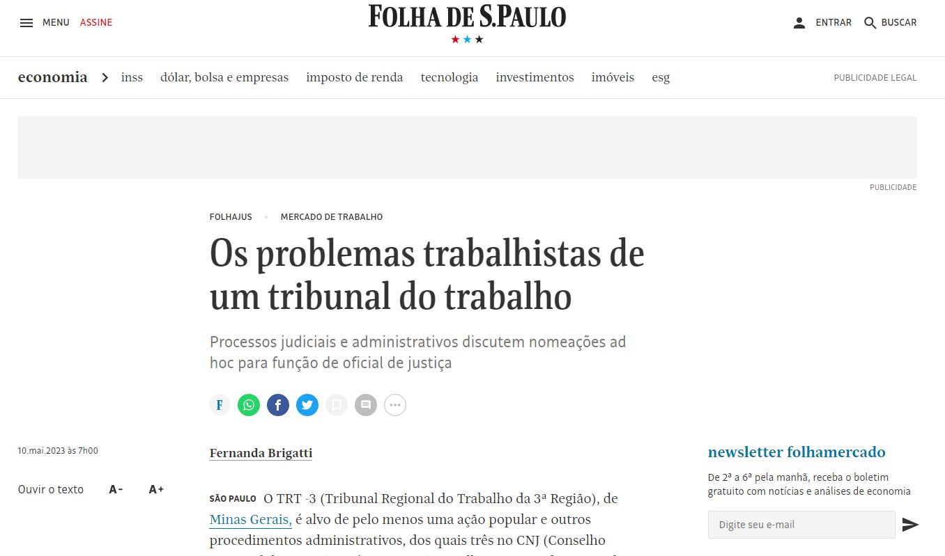 REPORTAGEM DA FOLHA DE S. PAULO CHAMA A ATENÇÃO PARA A NECESSIDADE DE NOMEAÇÕES DE OFICIAIS DE JUSTIÇA NO TRT DE MINAS GERAIS